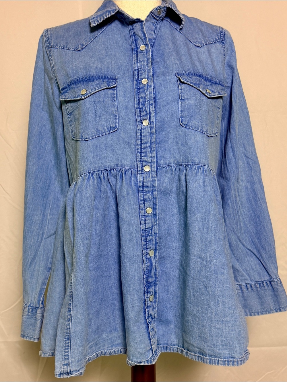 Japna Light Blue Denim Peplum Button-Down Shirt Cotton, Western, urban cowgirl